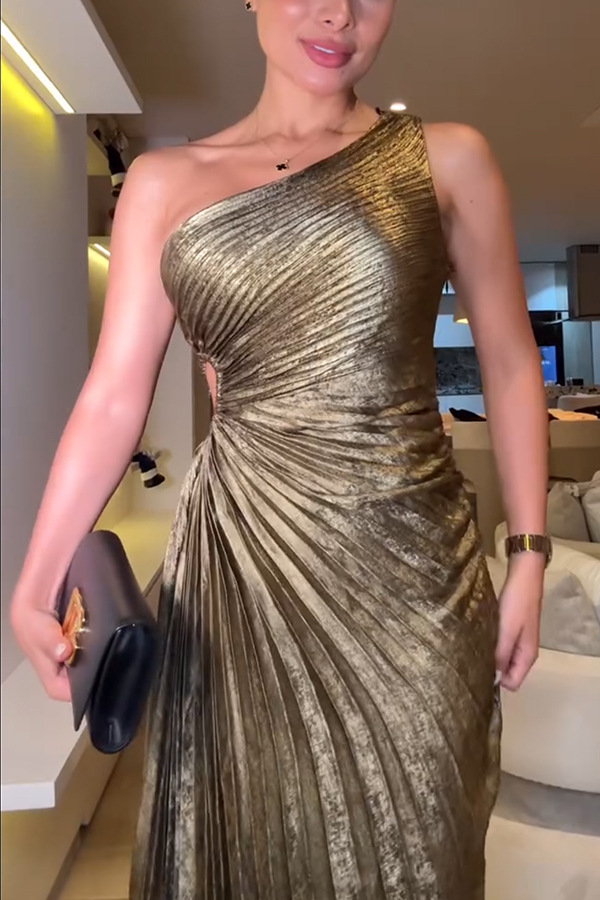 Gold Pleated One-Shoulder A-Line Sleeveless Maxi Dress