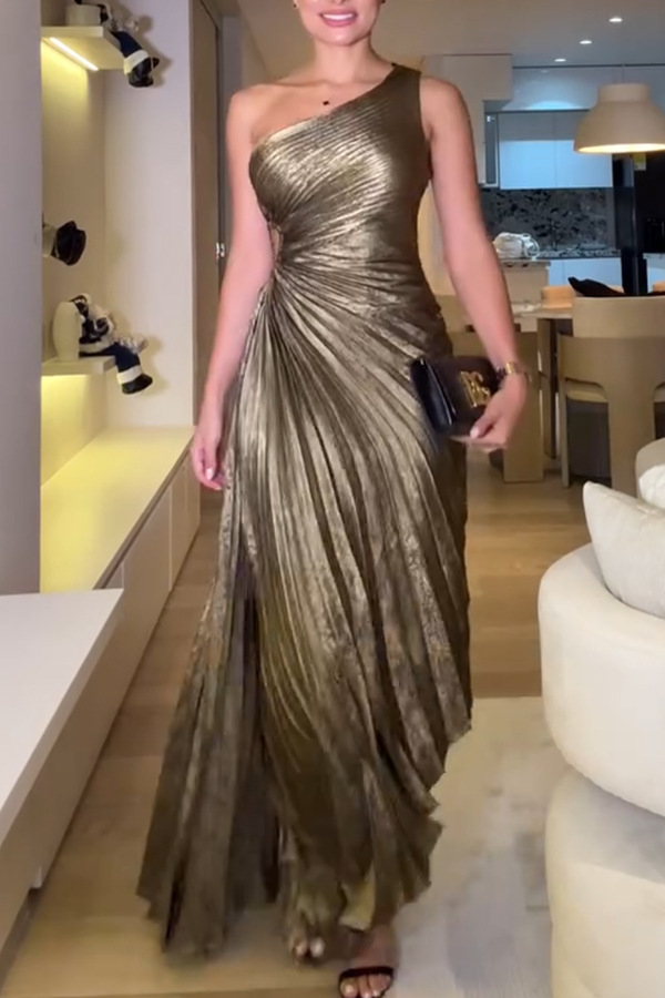 Gold Pleated One-Shoulder A-Line Sleeveless Maxi Dress