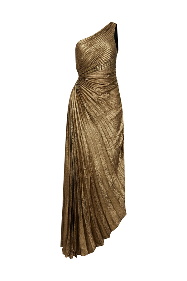 Gold Pleated One-Shoulder A-Line Sleeveless Maxi Dress