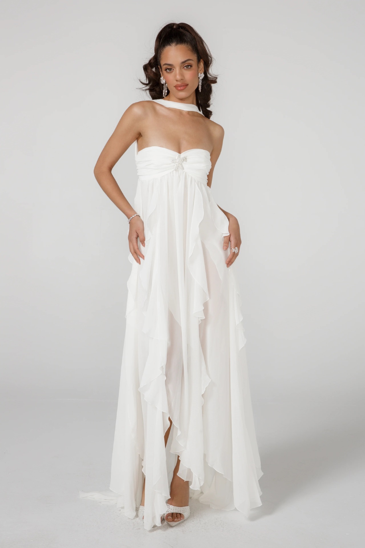 White Sleeveless Maxi Dress with Ruffles