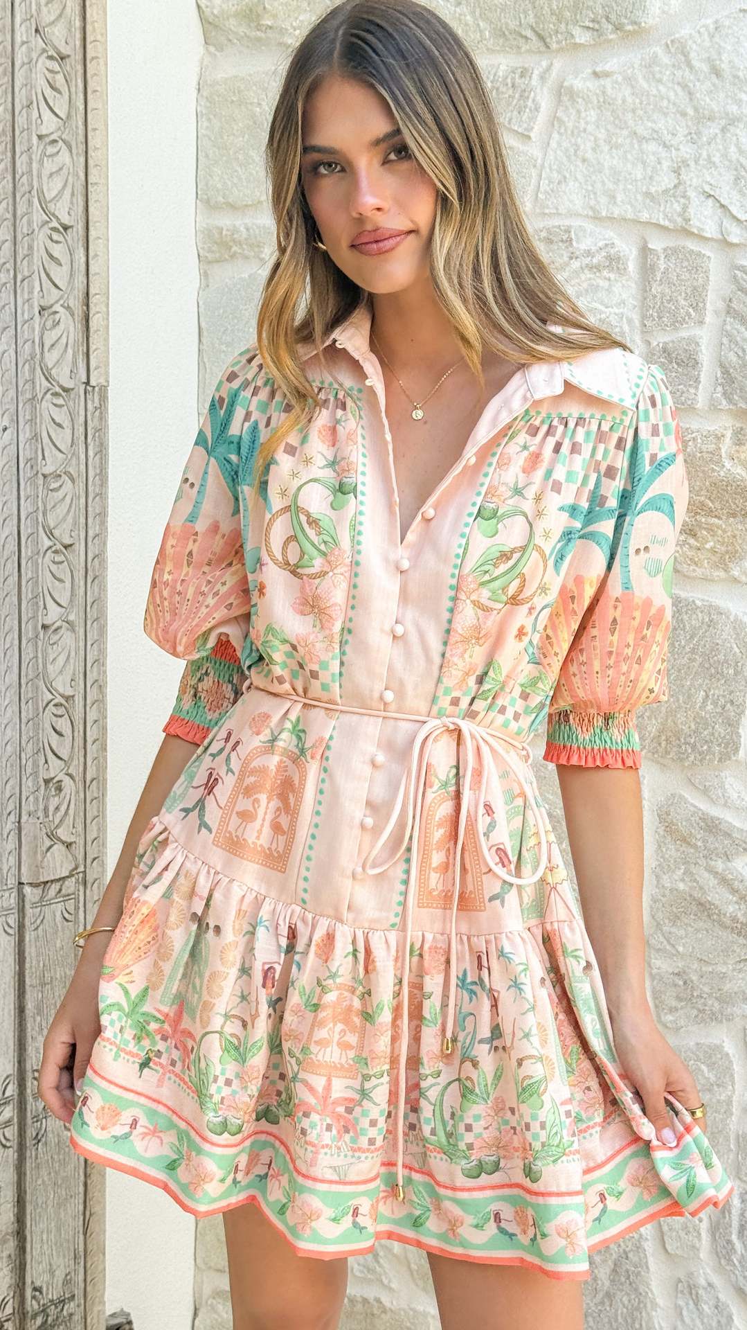Printed Lace-Up Mini Dress