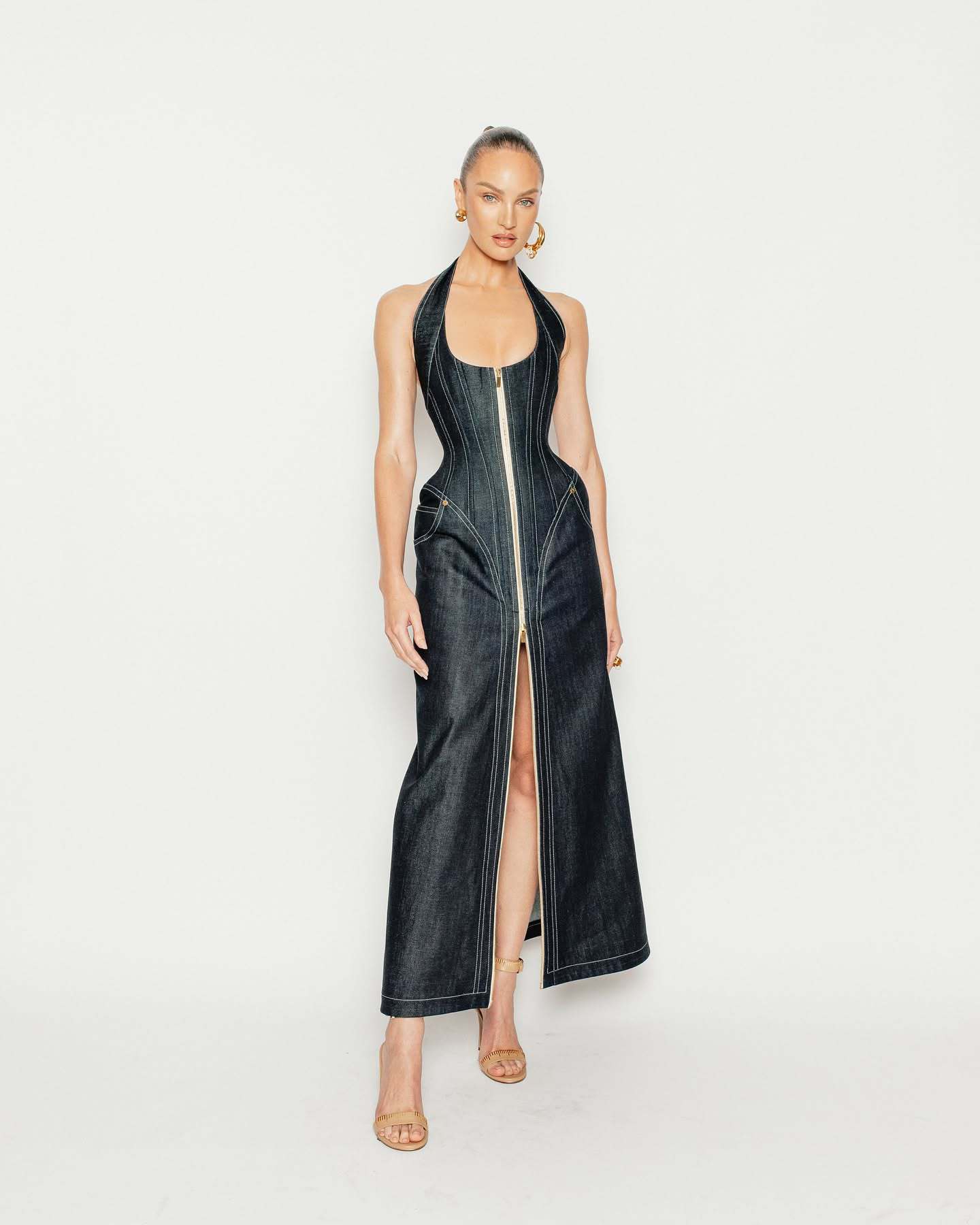 Sleeveless Halter Neck A-Line Maxi Denim Dress