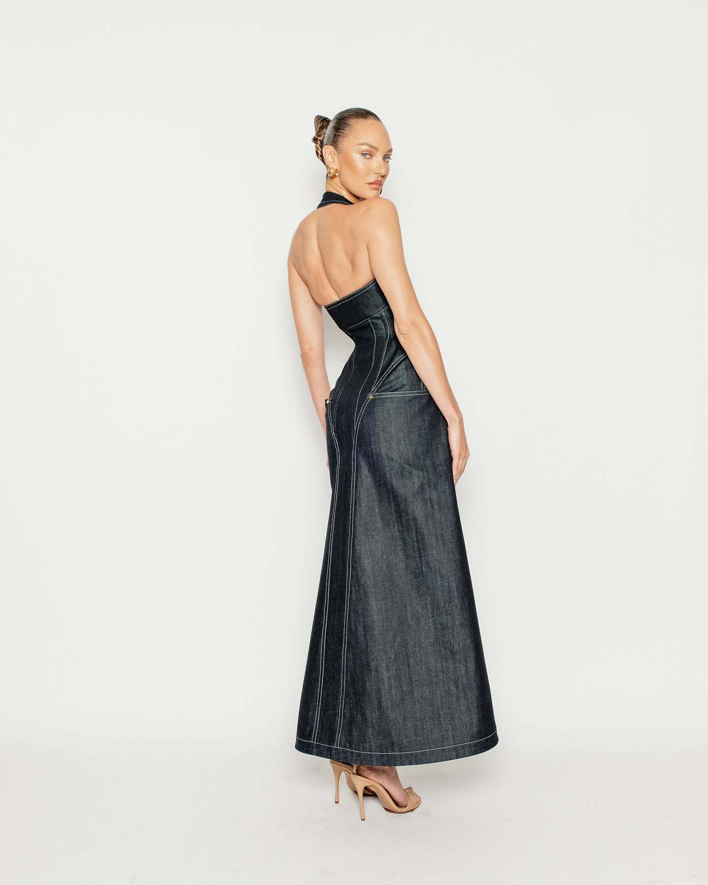 Sleeveless Halter Neck A-Line Maxi Denim Dress