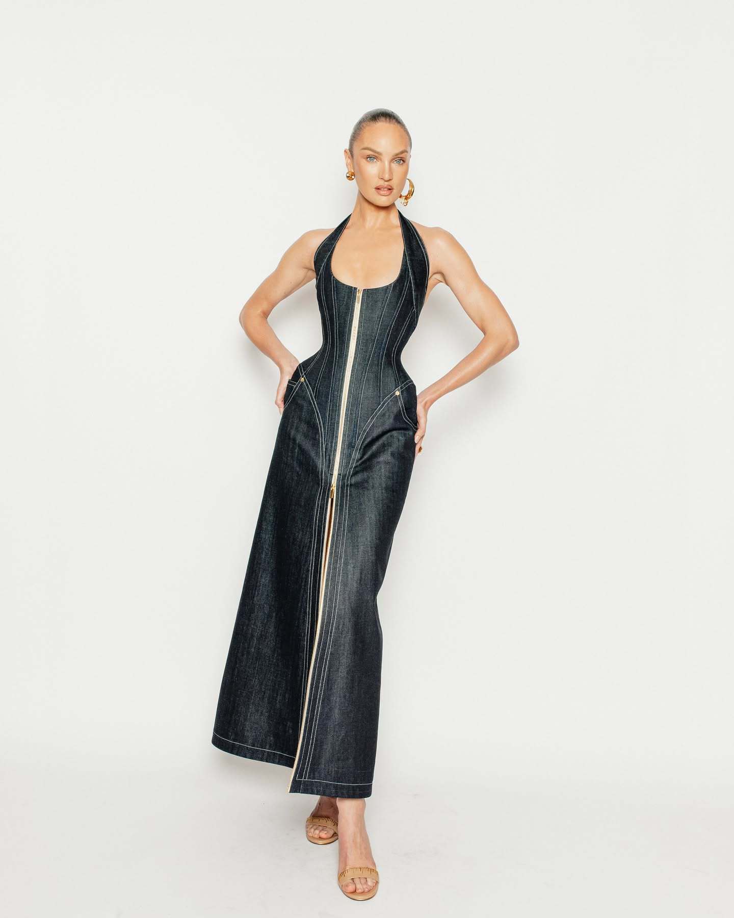 Sleeveless Halter Neck A-Line Maxi Denim Dress