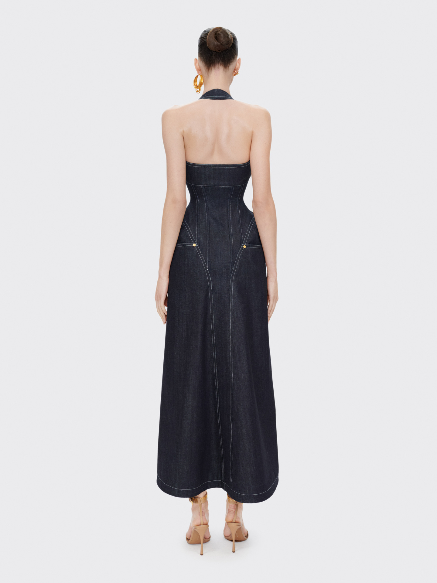Sleeveless Halter Neck A-Line Maxi Denim Dress