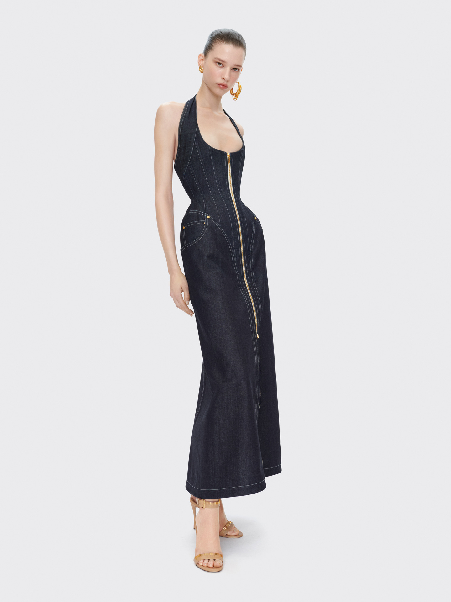 Sleeveless Halter Neck A-Line Maxi Denim Dress