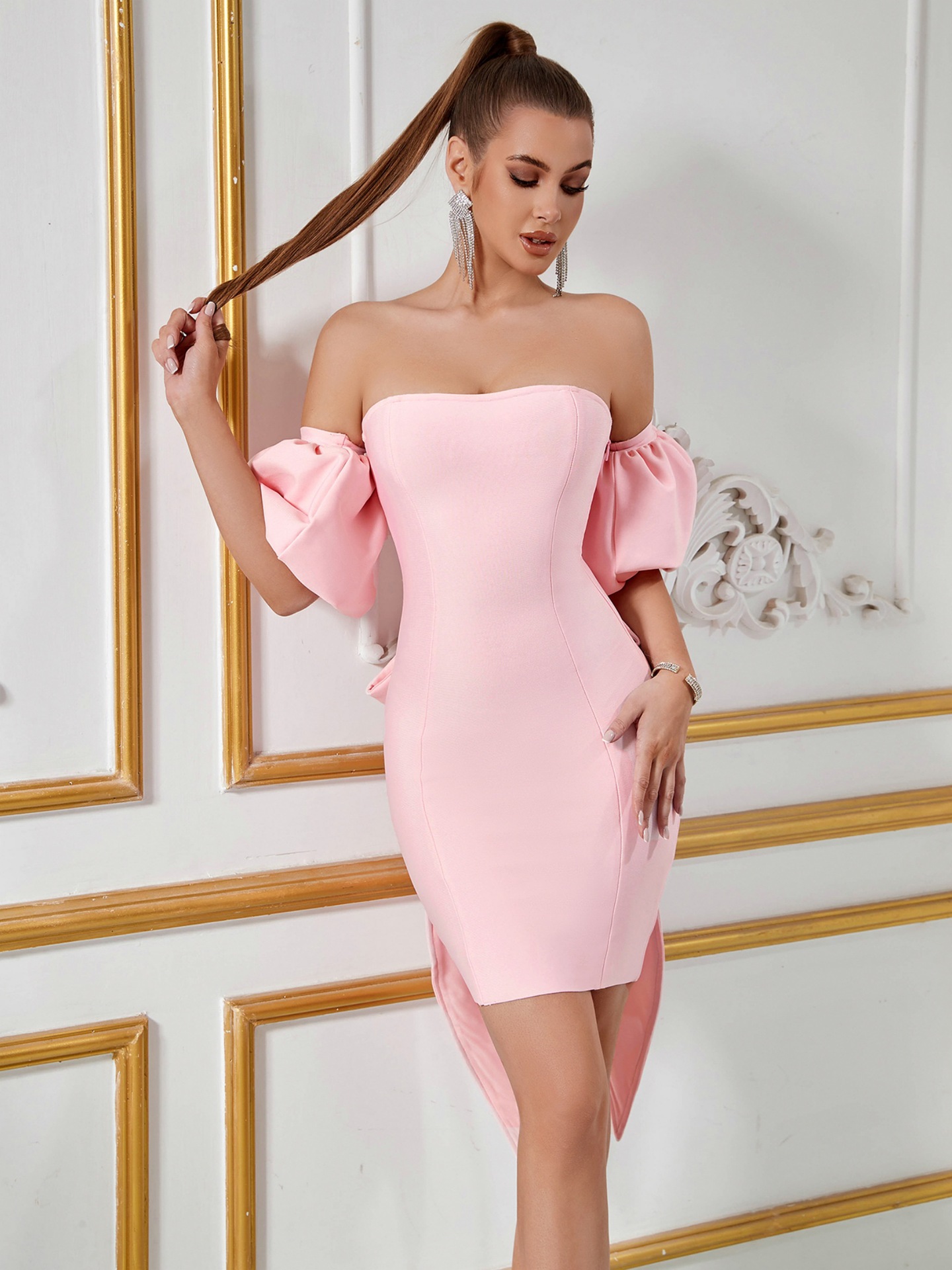 Pink Off-Shoulder Midi Dress with Puffed Sleeves