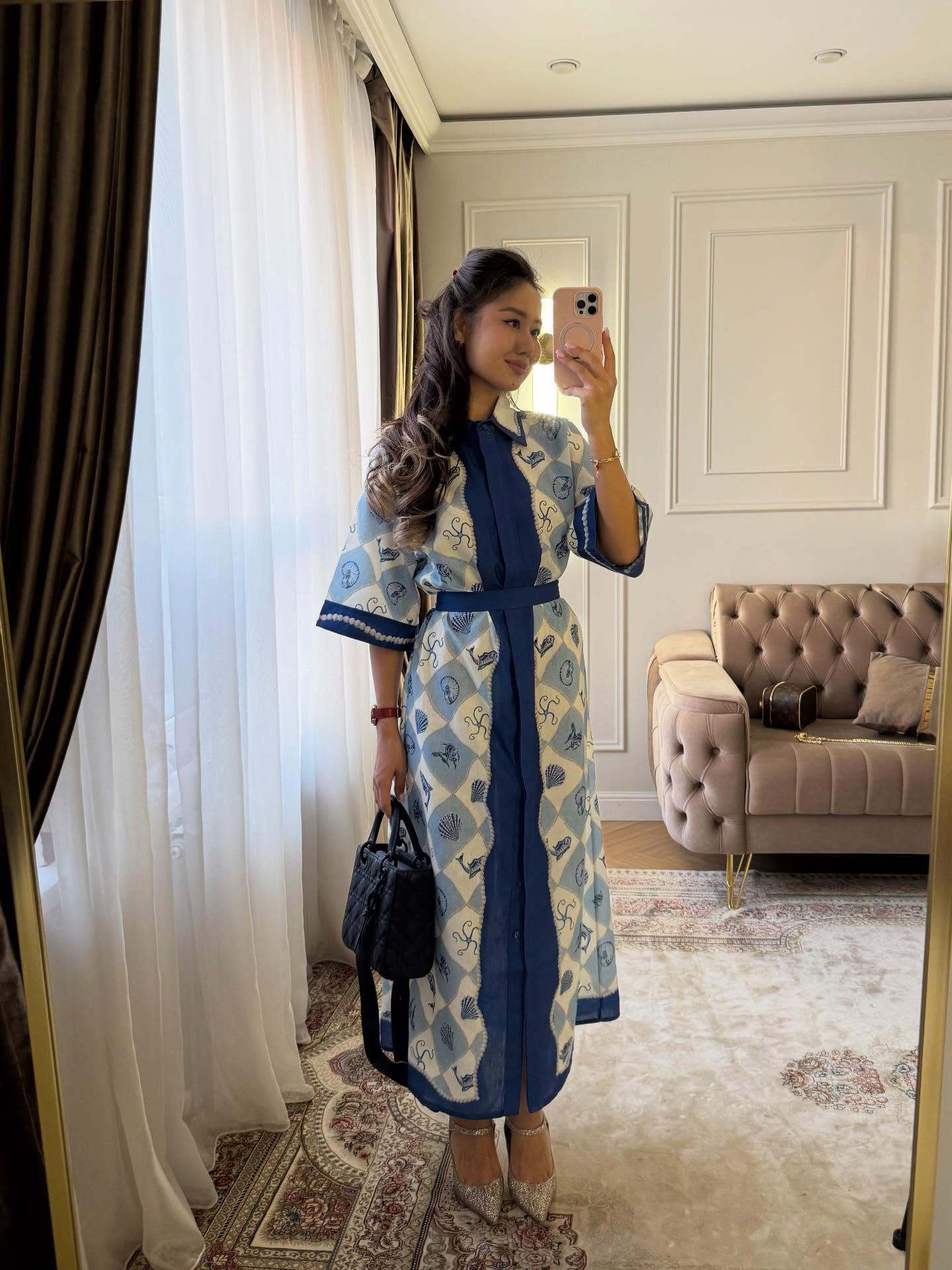 Blue A-Line Dress with Tie-Waist