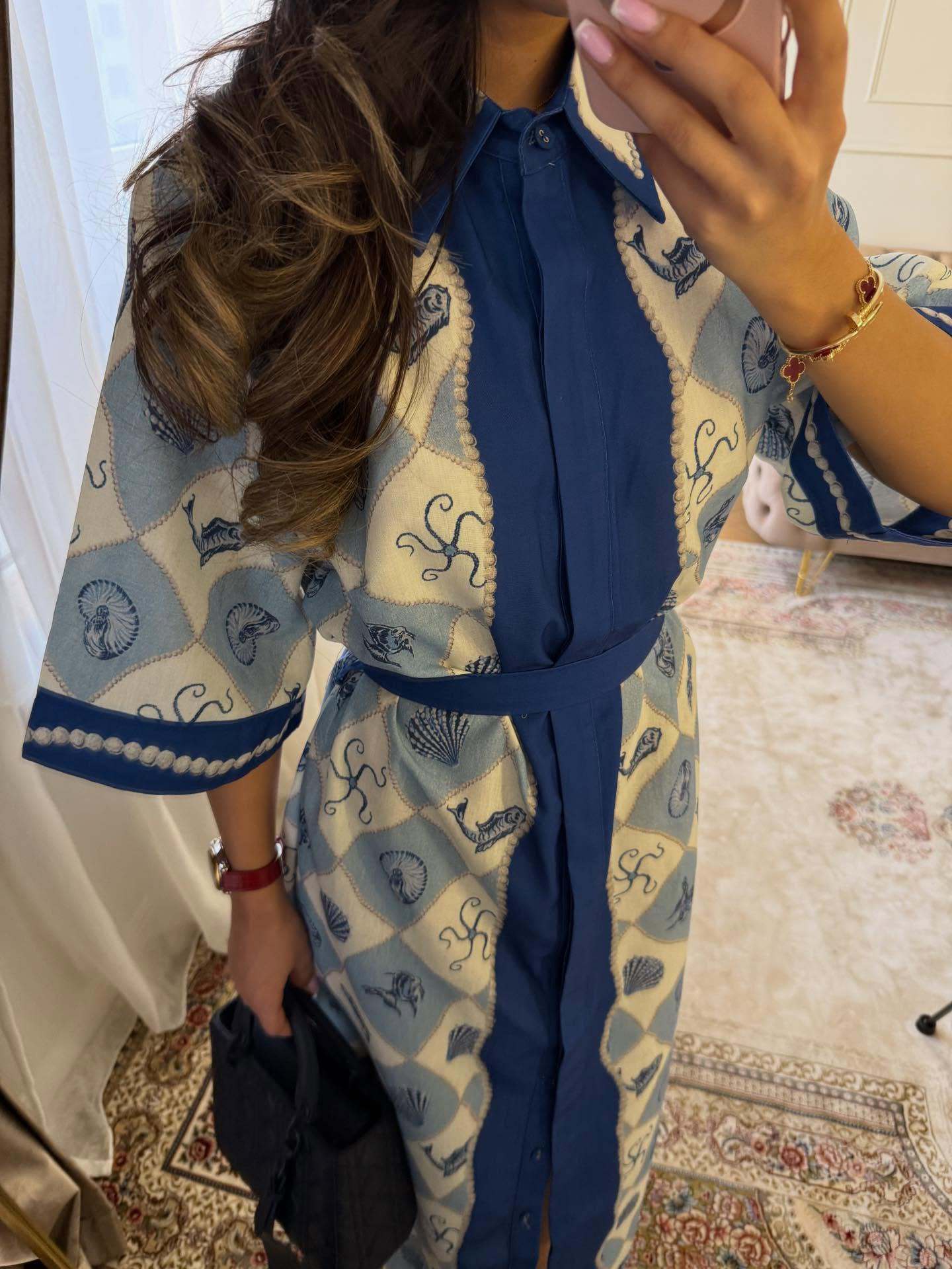 Blue A-Line Dress with Tie-Waist
