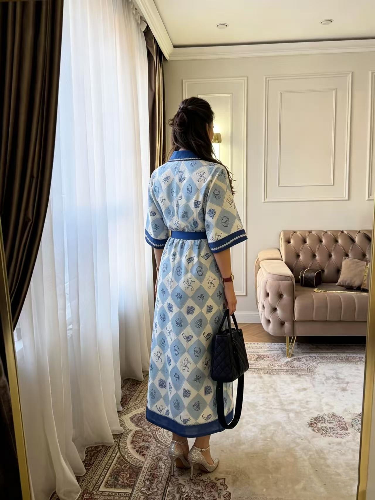 Blue A-Line Dress with Tie-Waist
