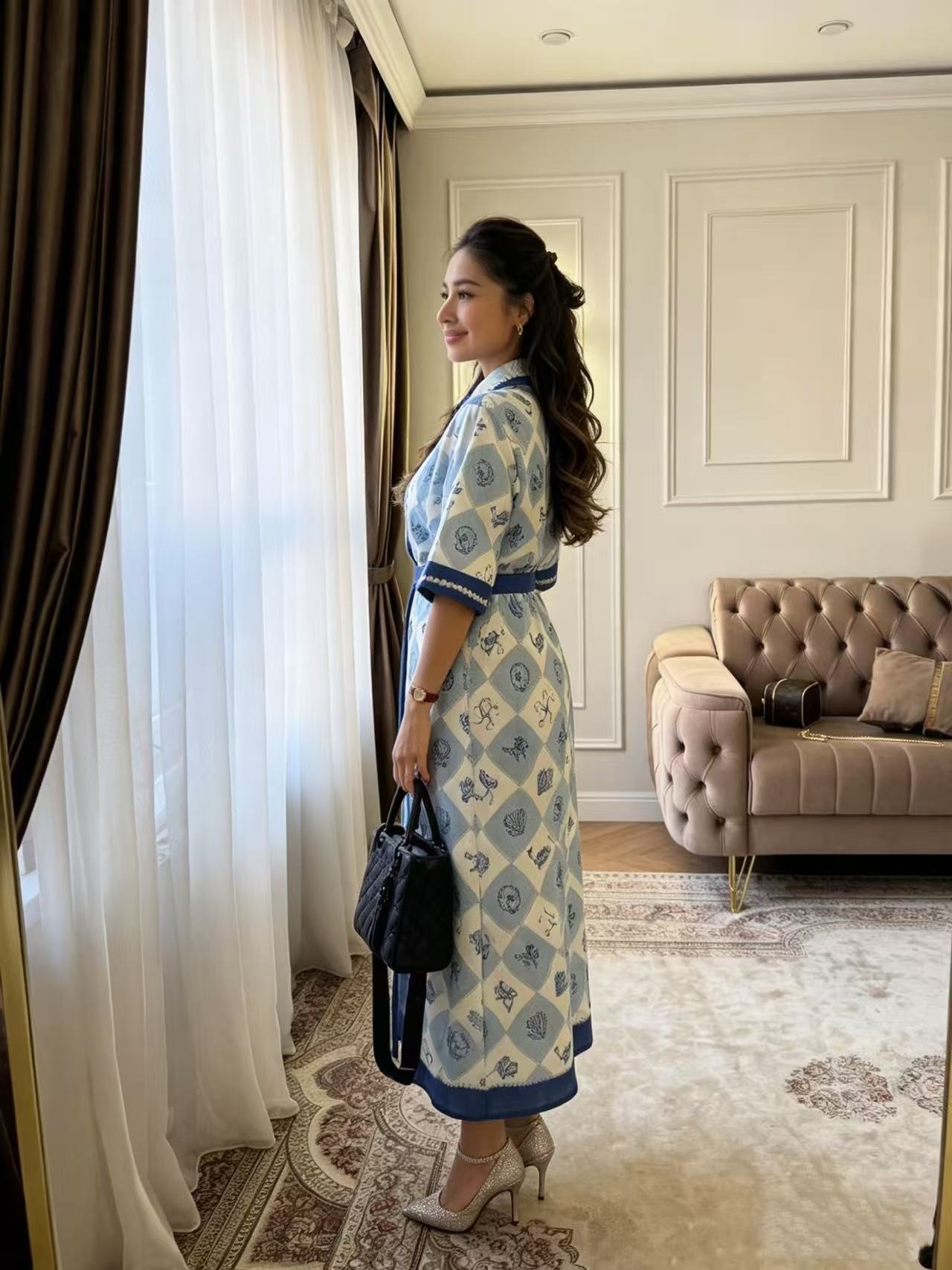 Blue A-Line Dress with Tie-Waist