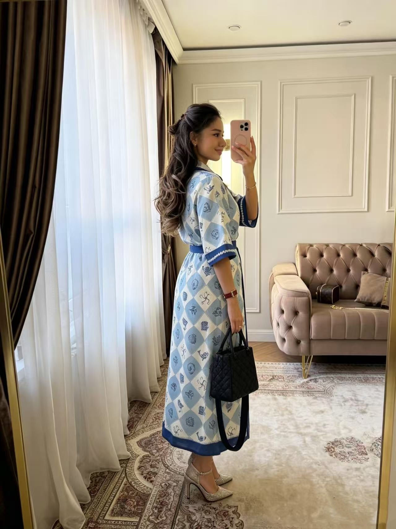 Blue A-Line Dress with Tie-Waist