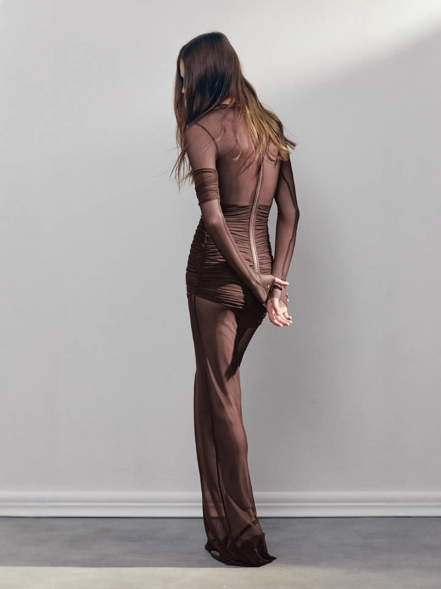 Brown Mesh Ruched A-Line Dress