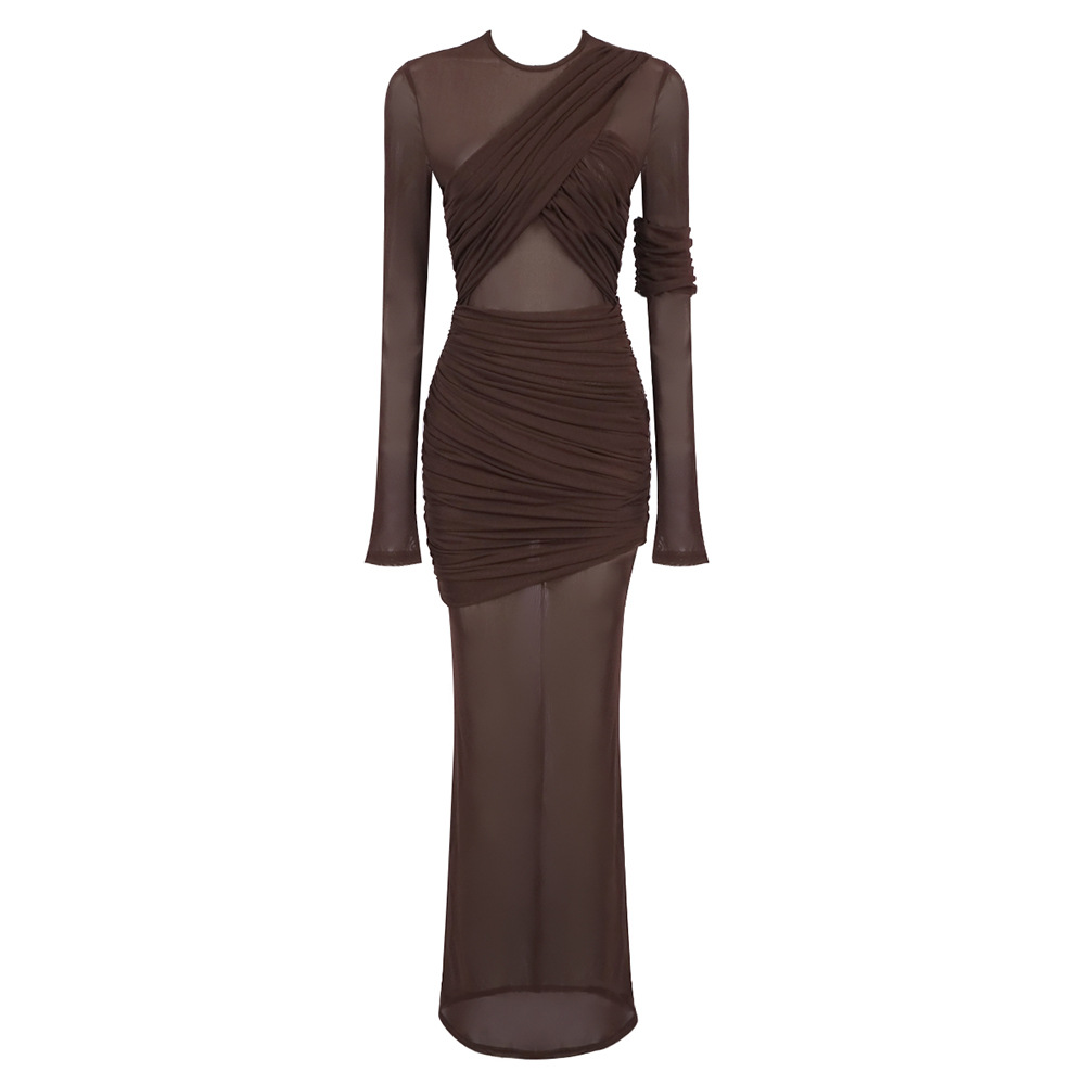 Brown Mesh Ruched A-Line Dress