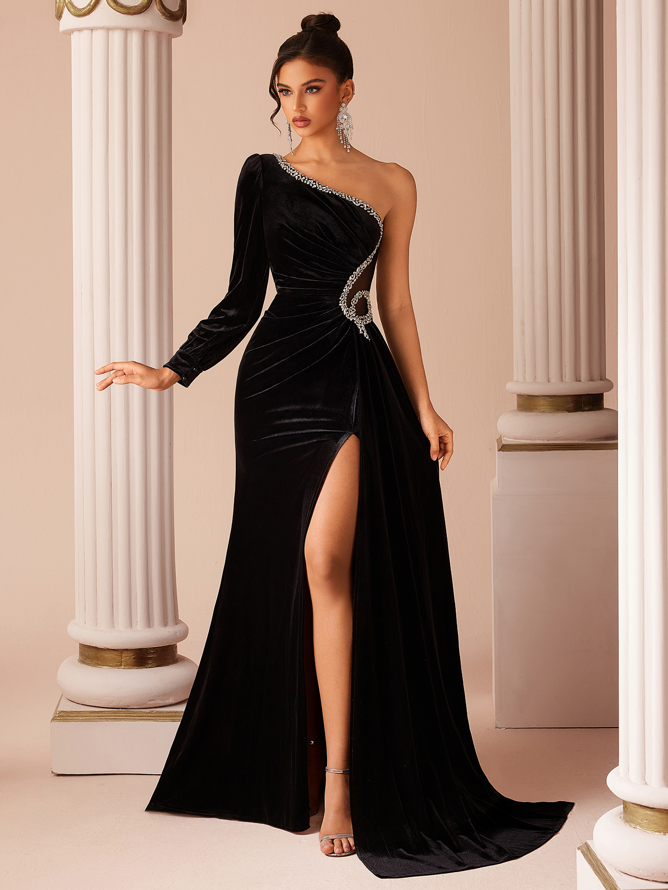 Black Velvet A-Line Gown with Rhinestone Detail and Thigh Slit