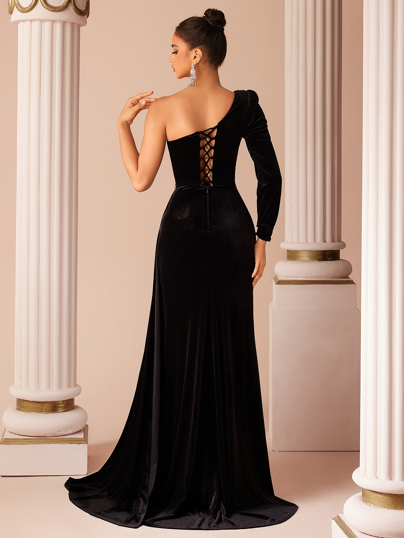 Black Velvet A-Line Gown with Rhinestone Detail and Thigh Slit