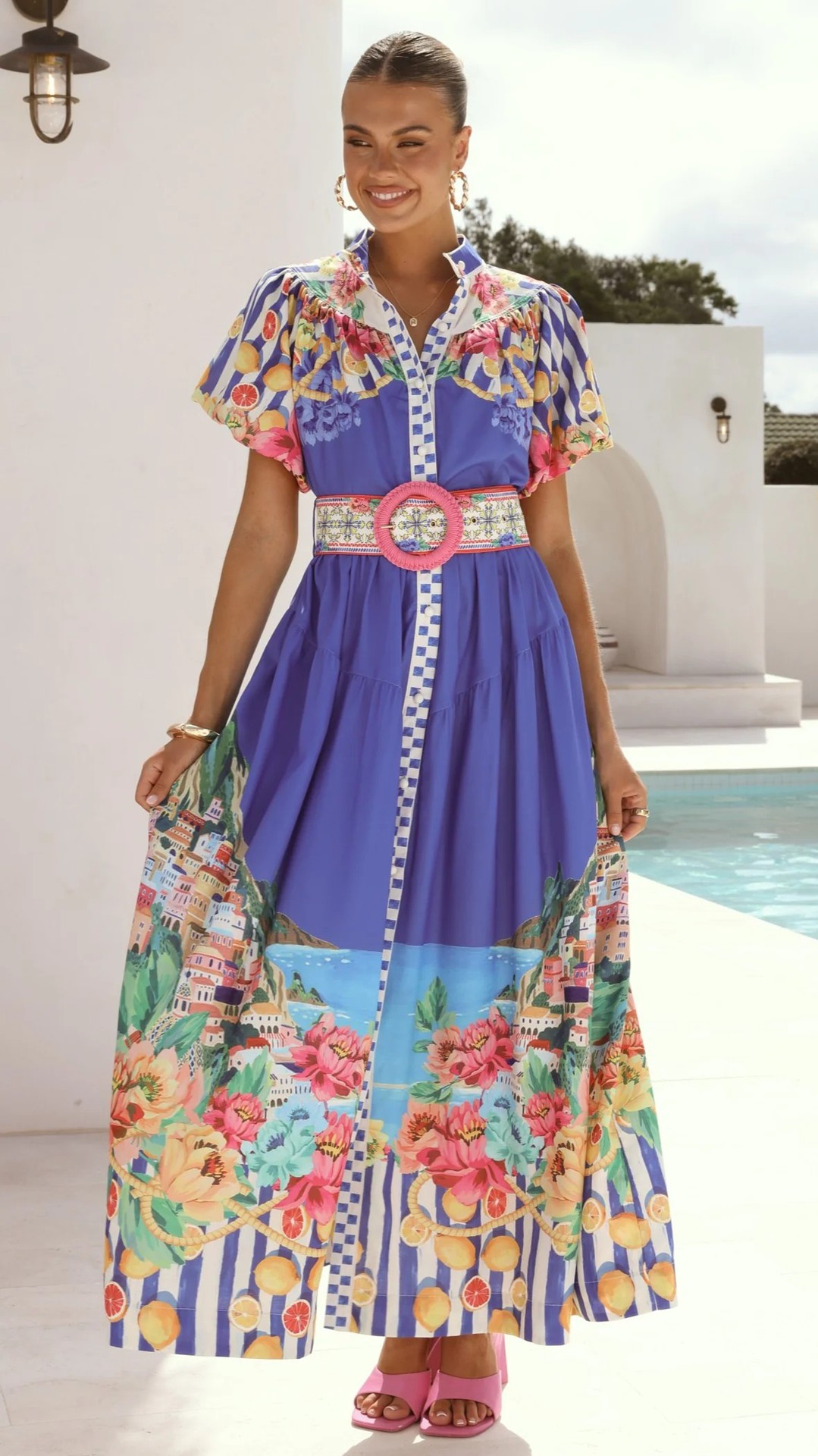 Lantern Sleeve Dress with Belt and Flared Hem