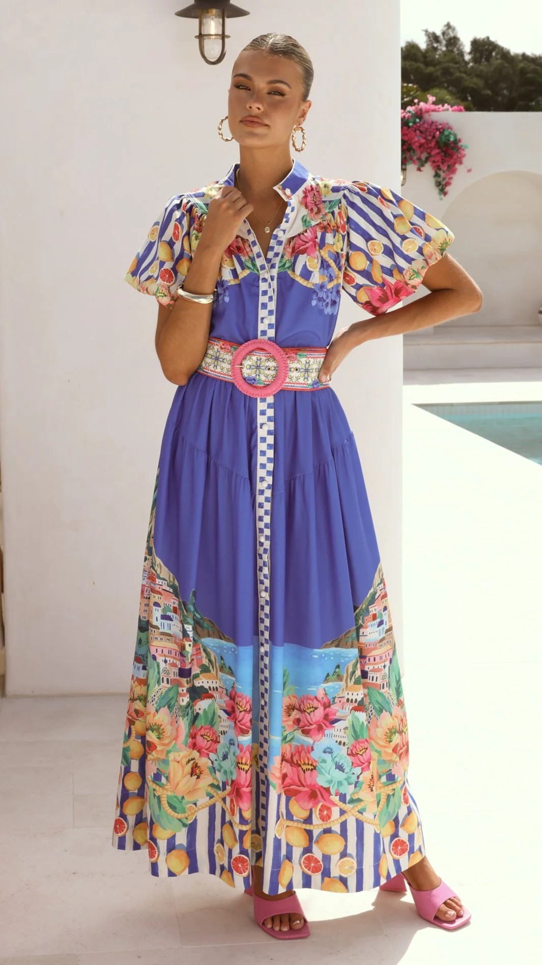 Lantern Sleeve Dress with Belt and Flared Hem