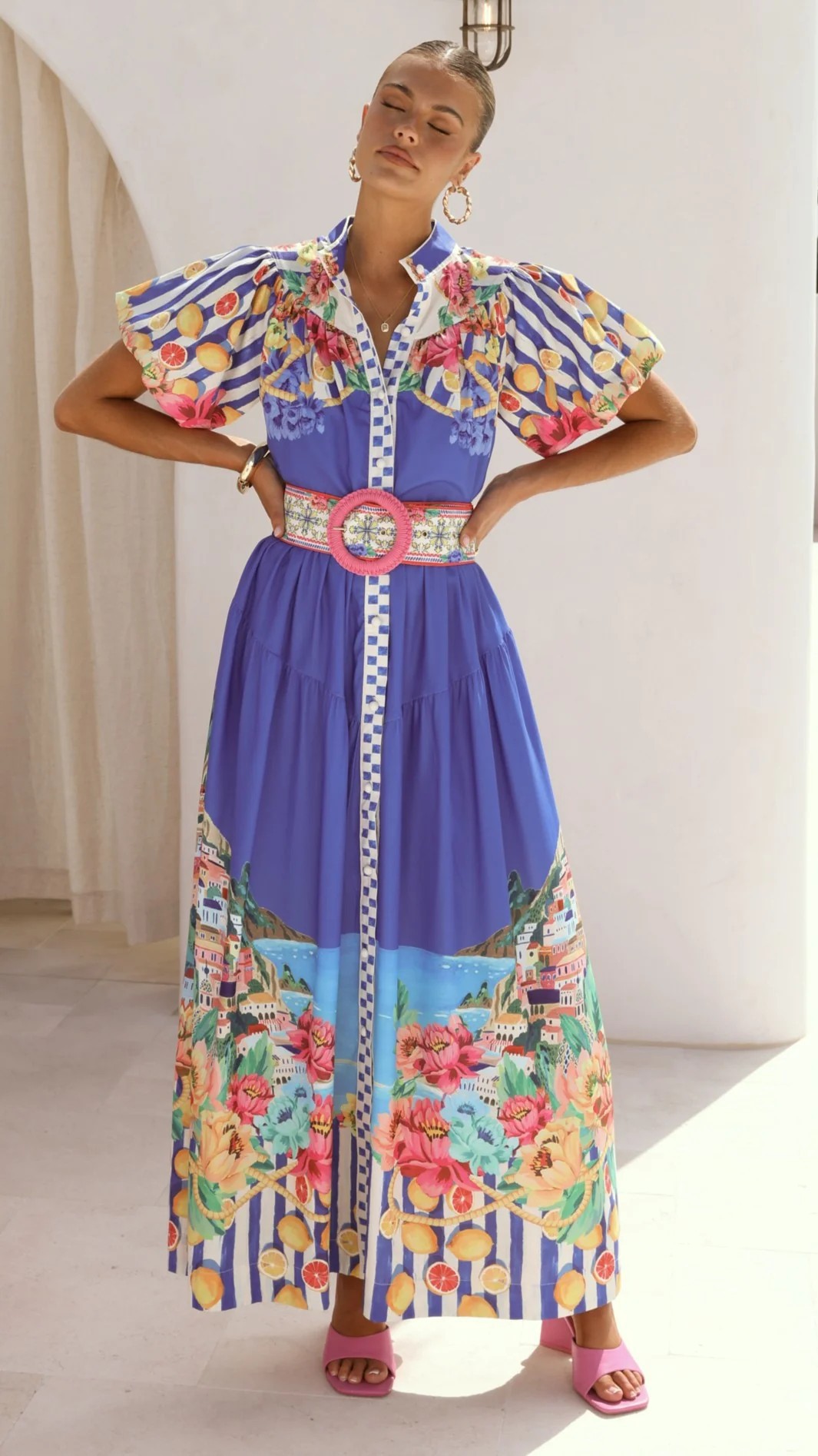 Lantern Sleeve Dress with Belt and Flared Hem