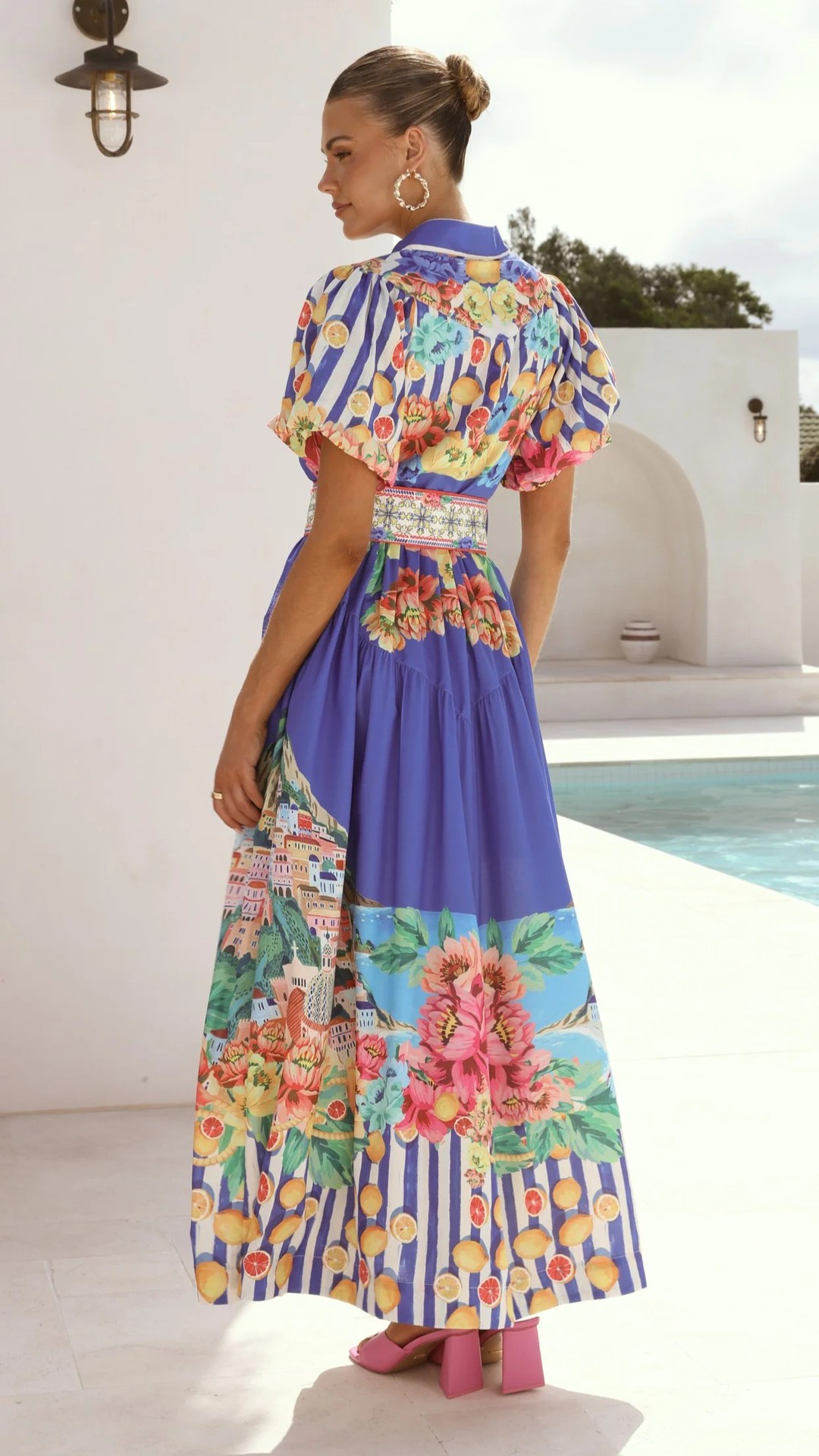 Lantern Sleeve Dress with Belt and Flared Hem