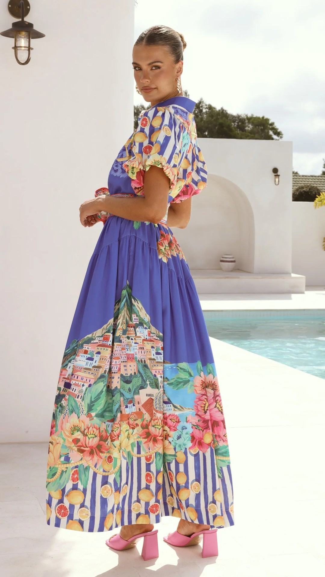 Lantern Sleeve Dress with Belt and Flared Hem