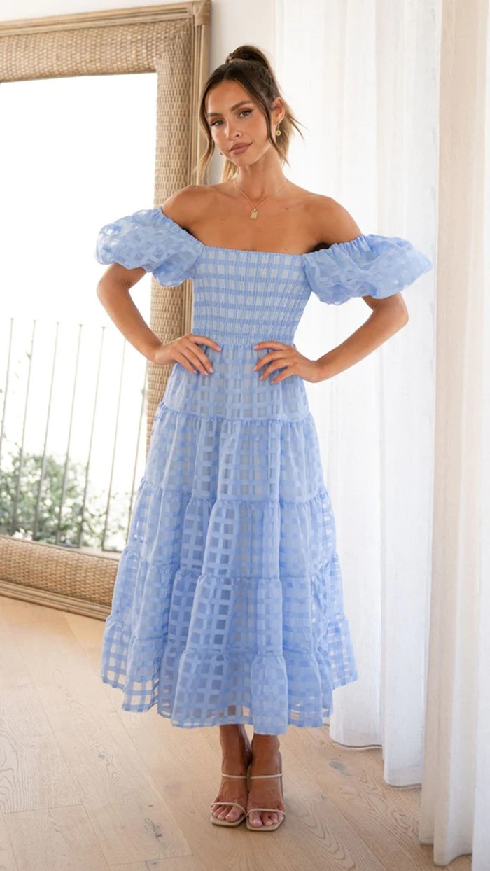Blue Off-Shoulder A-Line Midi Dress