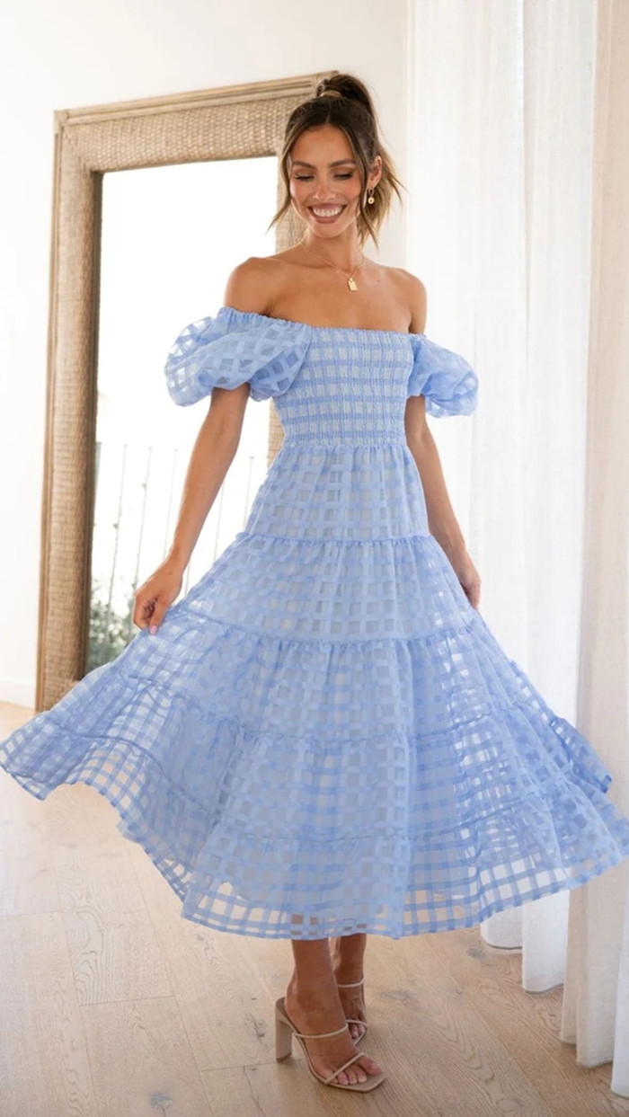 Blue Off-Shoulder A-Line Midi Dress