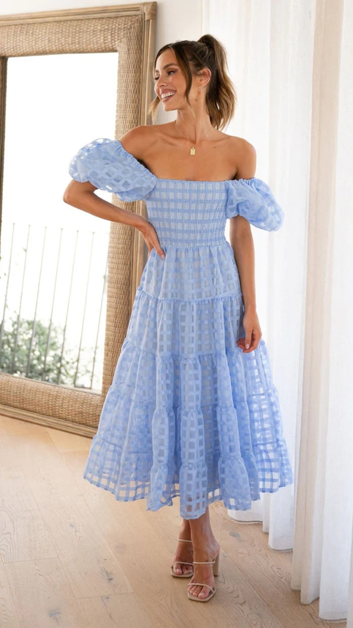 Blue Off-Shoulder A-Line Midi Dress