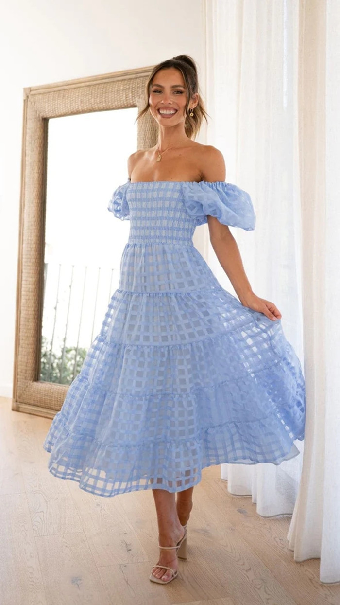 Blue Off-Shoulder A-Line Midi Dress