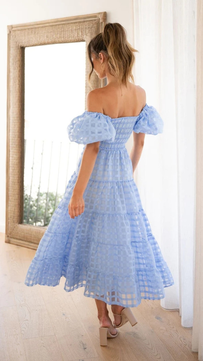 Blue Off-Shoulder A-Line Midi Dress