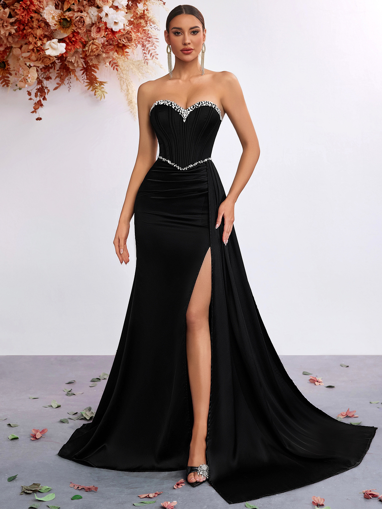 Strapless Rhinestone-Embellished Waist-Cinching High-Slit Dress