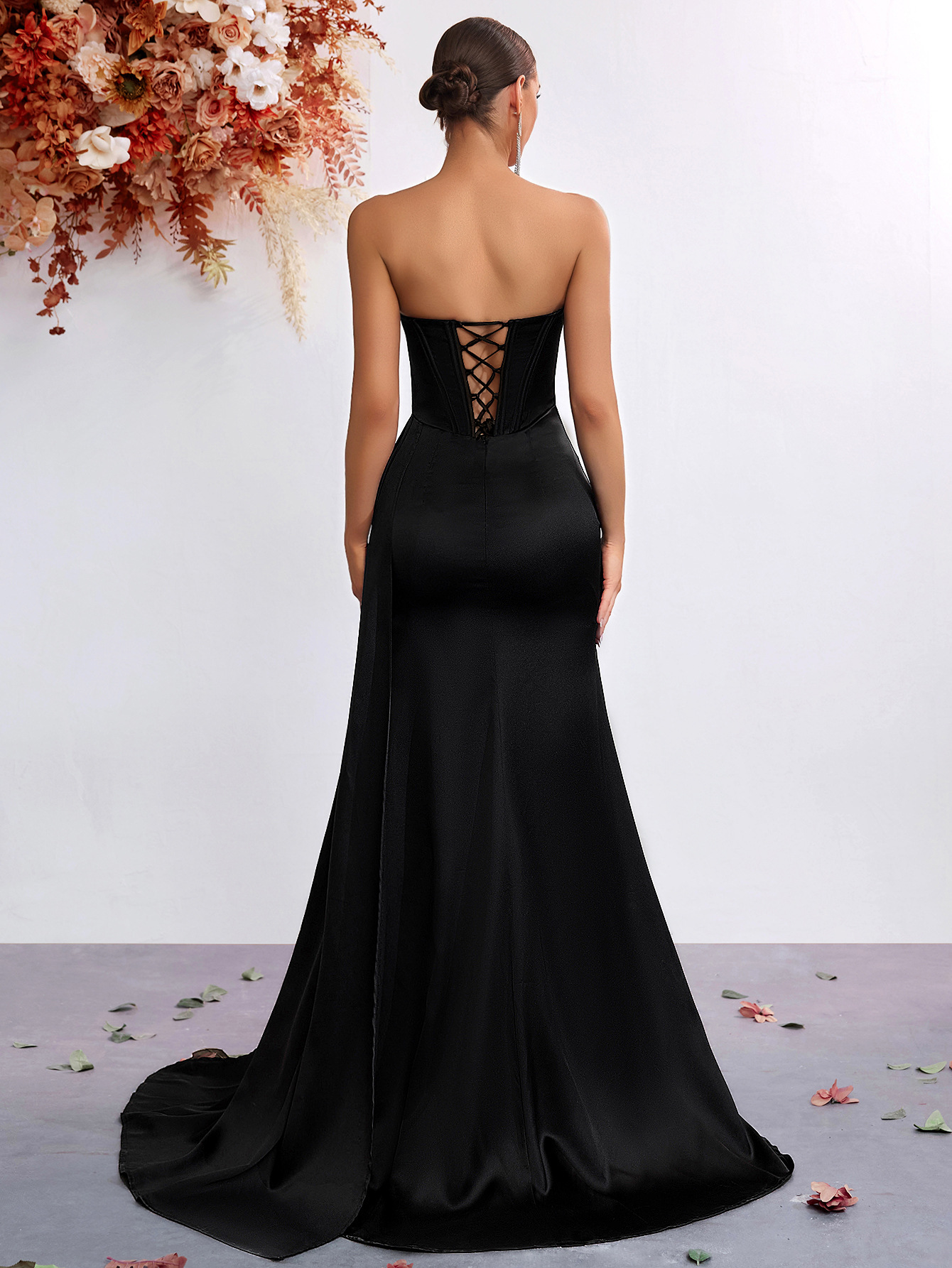 Strapless Rhinestone-Embellished Waist-Cinching High-Slit Dress