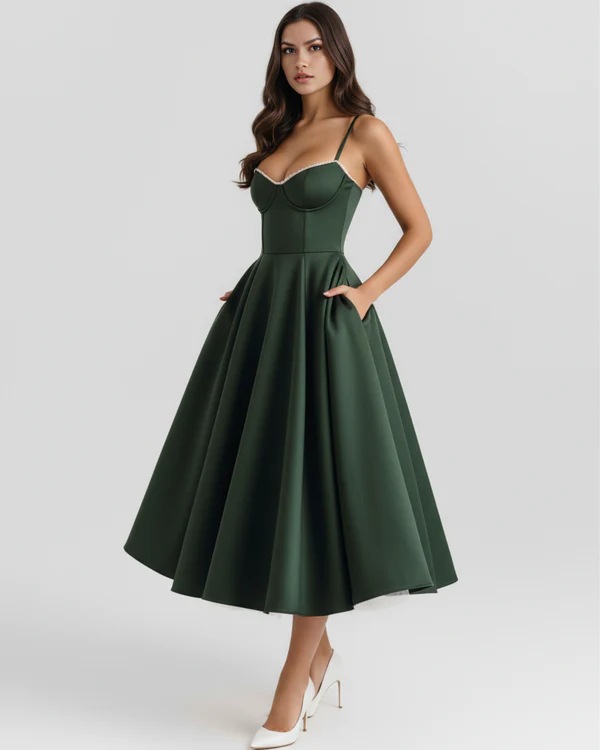 Olive A-Line Sleeveless Midi Dress with Pockets