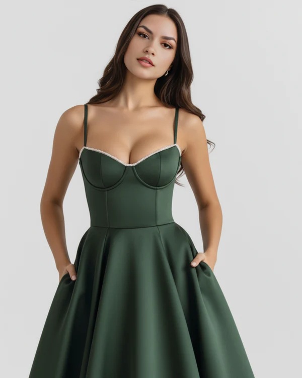 Olive A-Line Sleeveless Midi Dress with Pockets