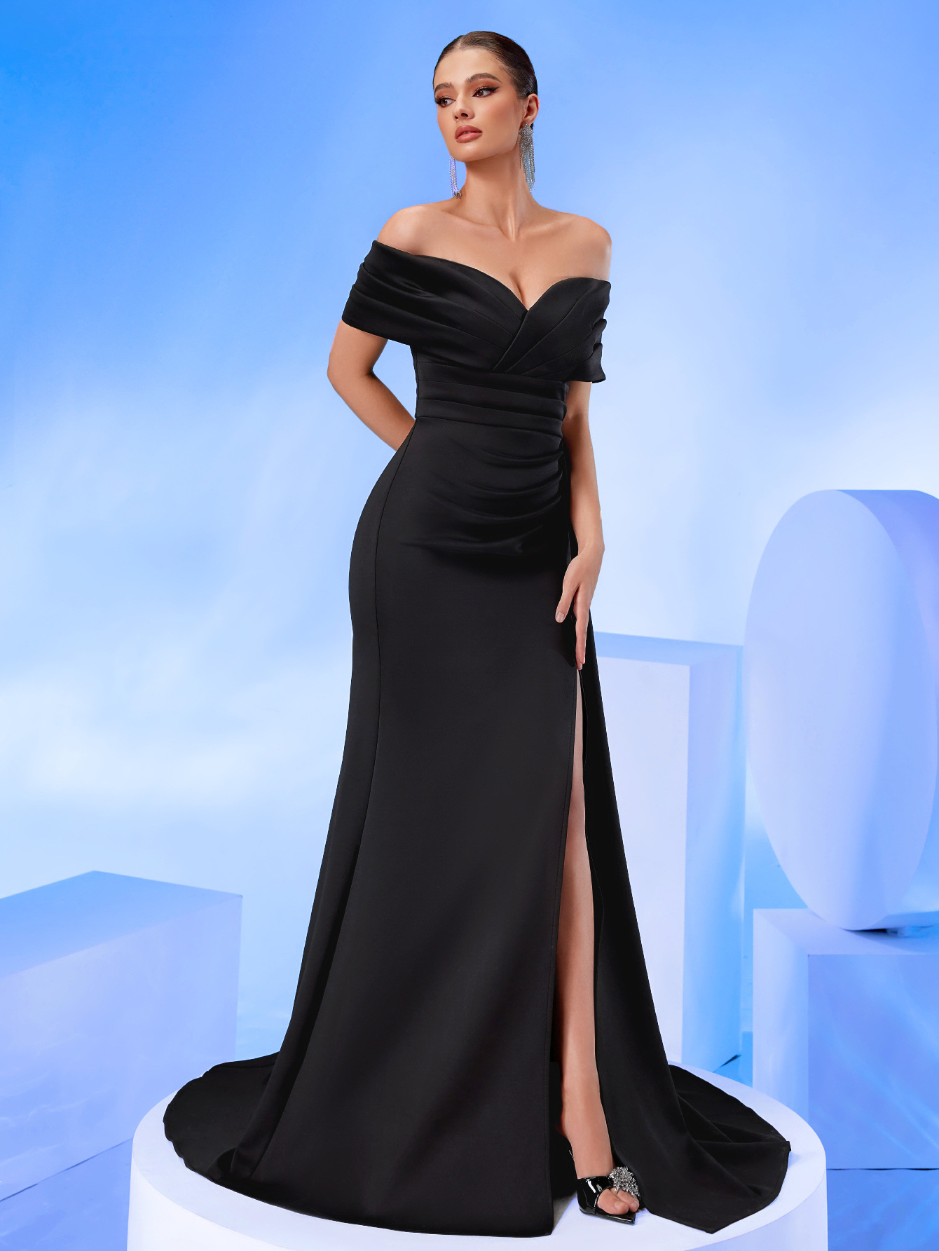 Black Off-Shoulder A-Line Maxi Dress