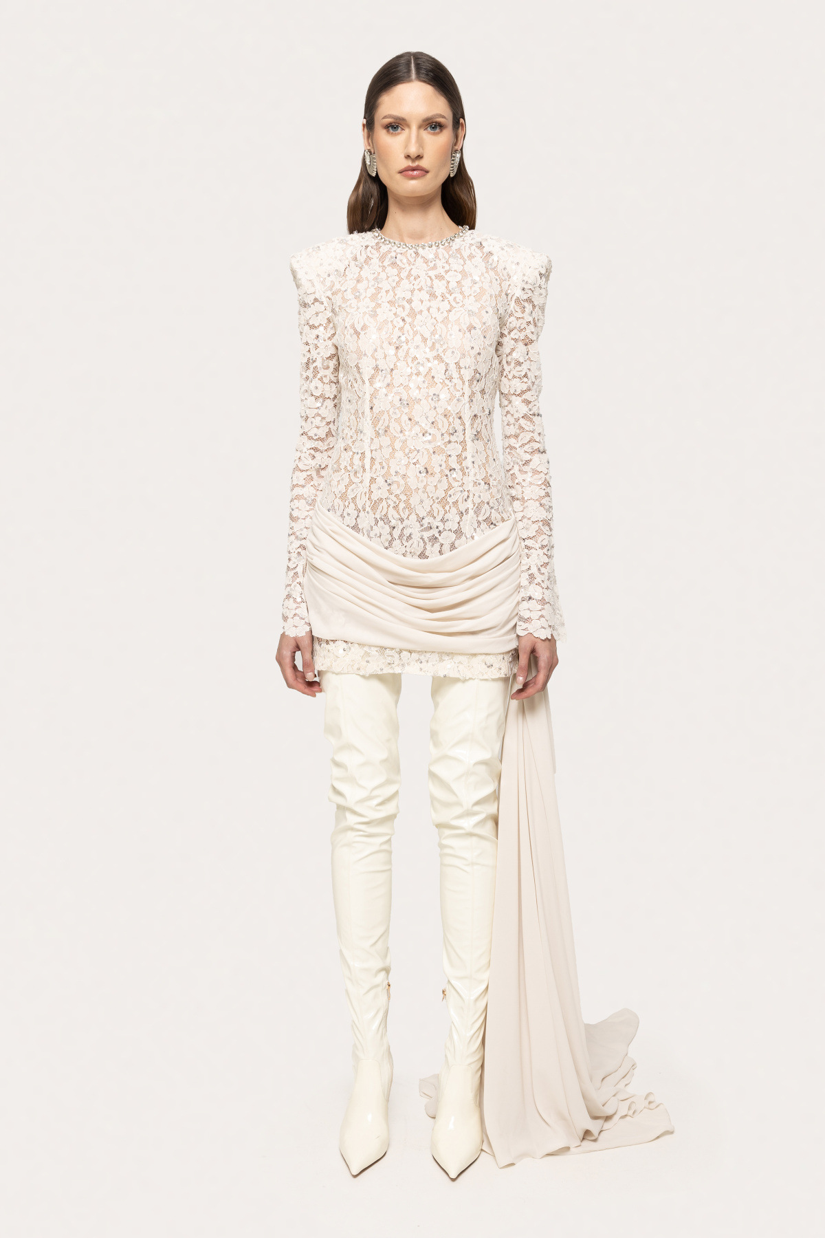 White A-Line Dress with Lace Detail