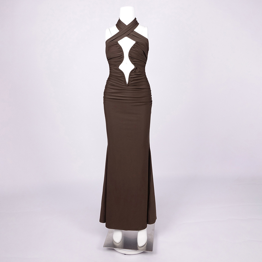 Brown Sleeveless A-Line Dress with Halter Neck Cut-out