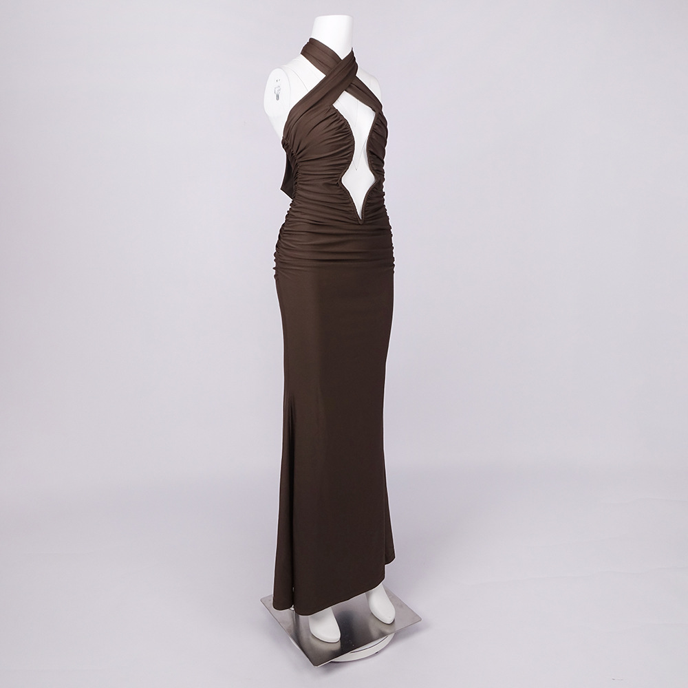 Brown Sleeveless A-Line Dress with Halter Neck Cut-out