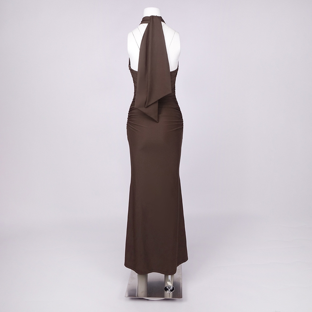Brown Sleeveless A-Line Dress with Halter Neck Cut-out