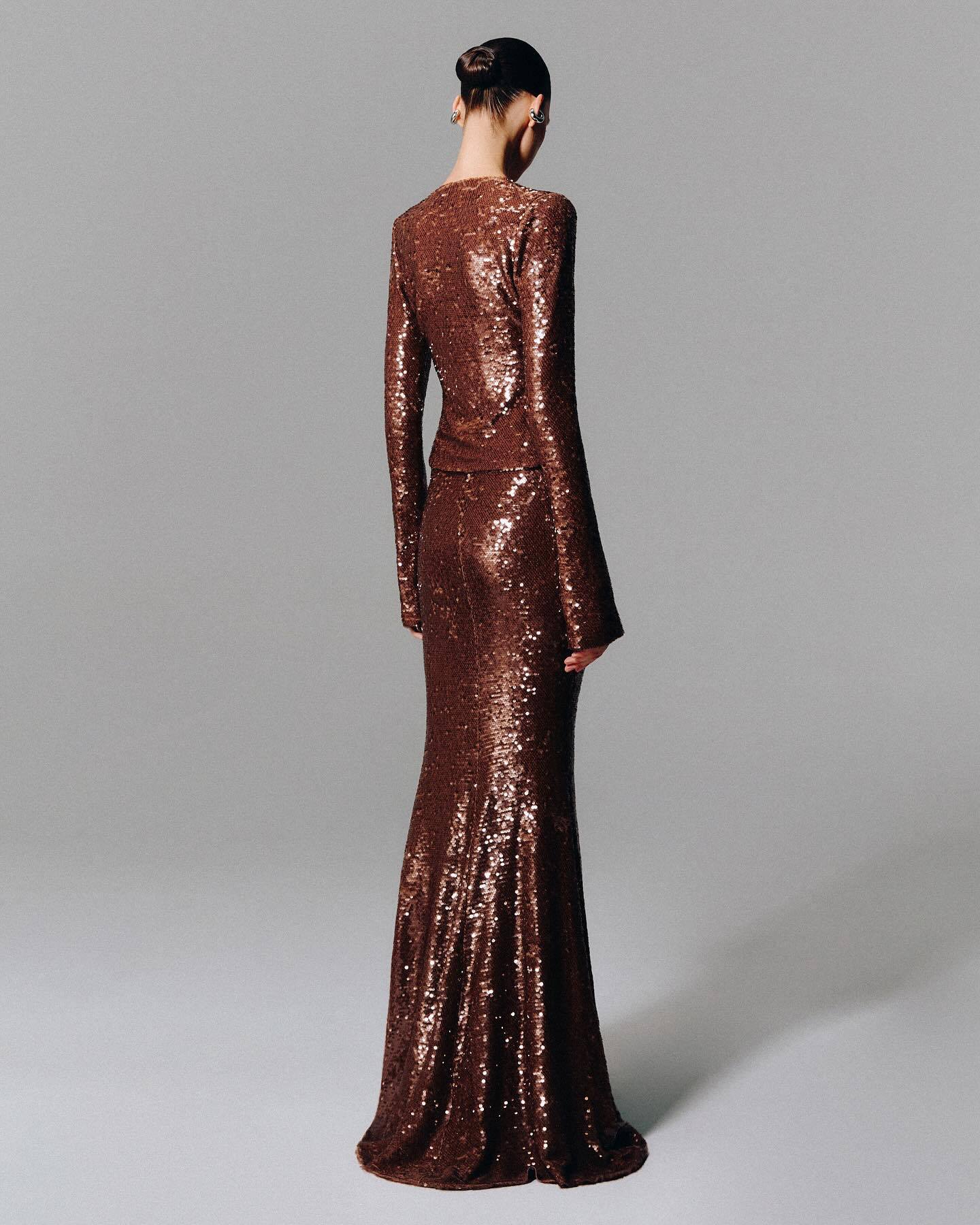 Brown Sequin Long Sleeve Sheath Maxi Dress