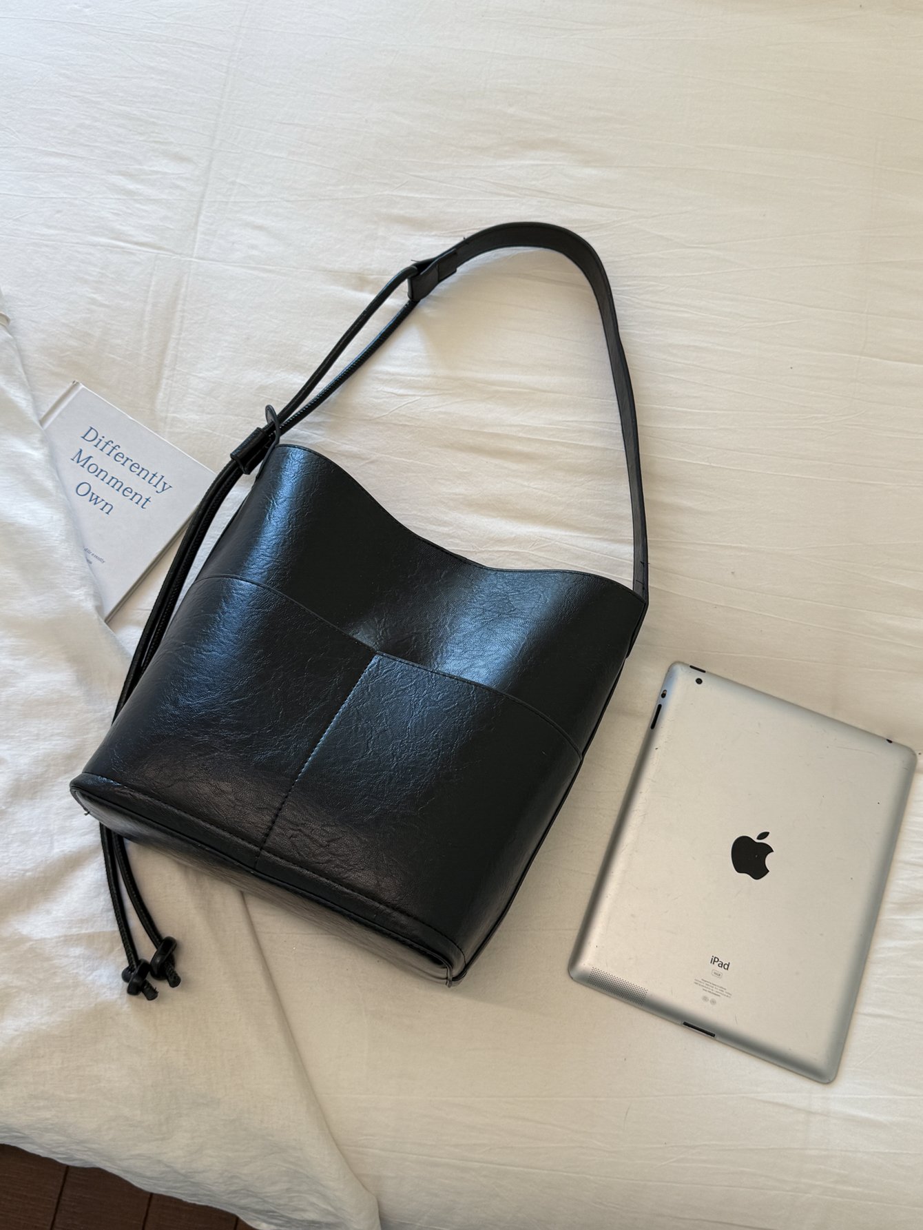 Black Solid Shoulder Bag with Drawstring