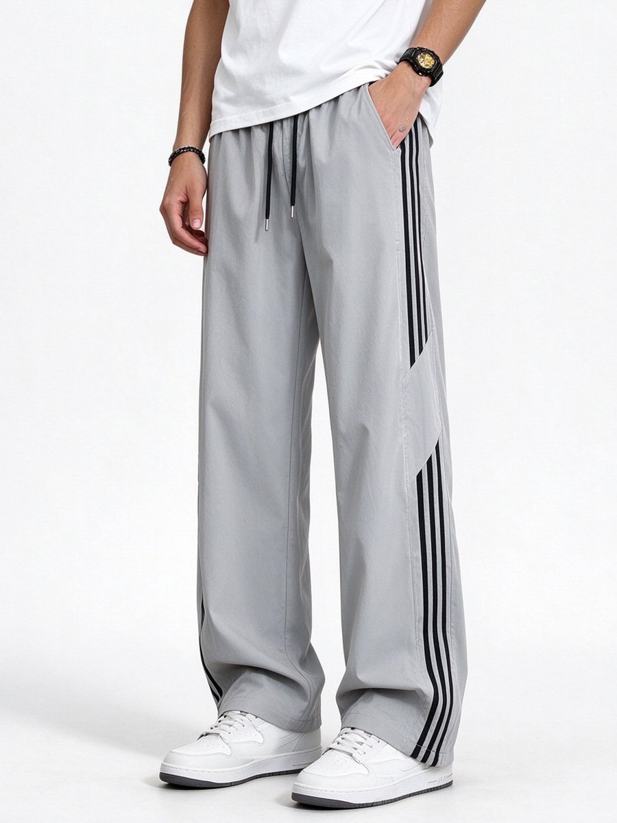 Mens Grey Wide-Leg Track Pants with Side Stripes