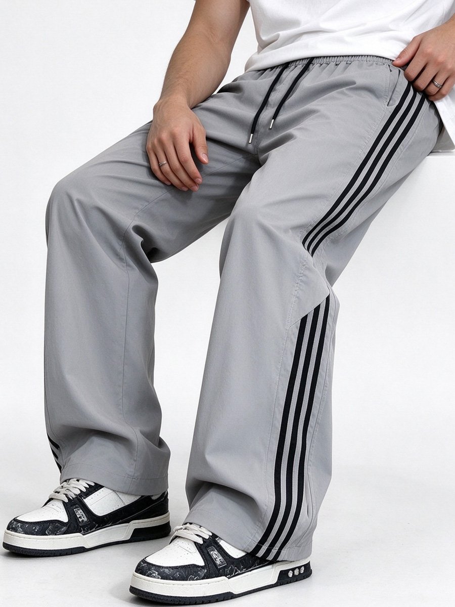 Mens Grey Wide-Leg Track Pants with Side Stripes