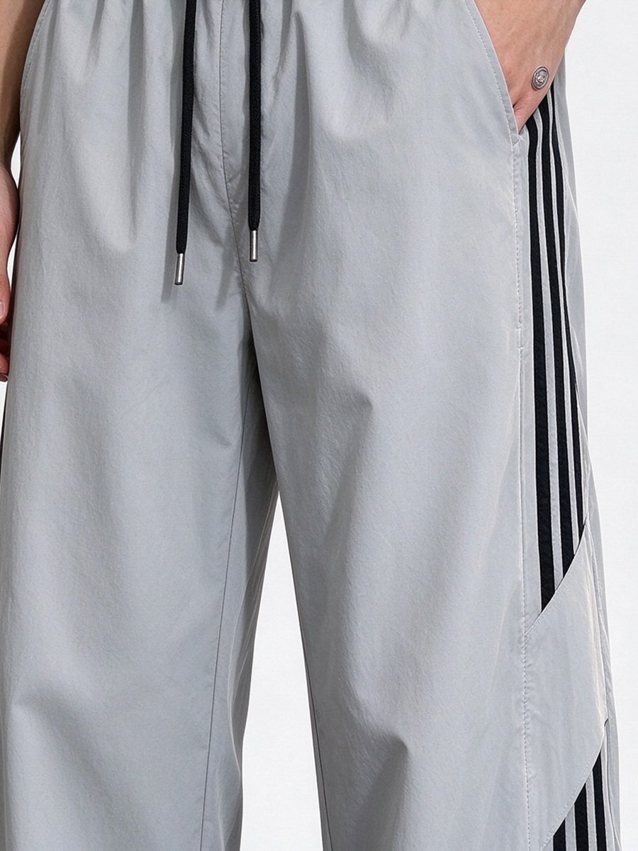 Mens Grey Wide-Leg Track Pants with Side Stripes