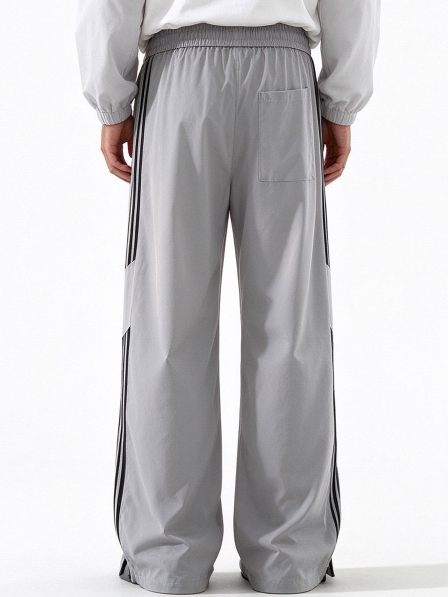 Mens Grey Wide-Leg Track Pants with Side Stripes