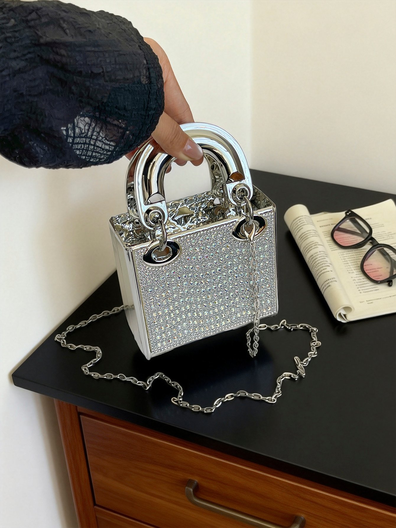 Silver Texture Handbag with Push Lock