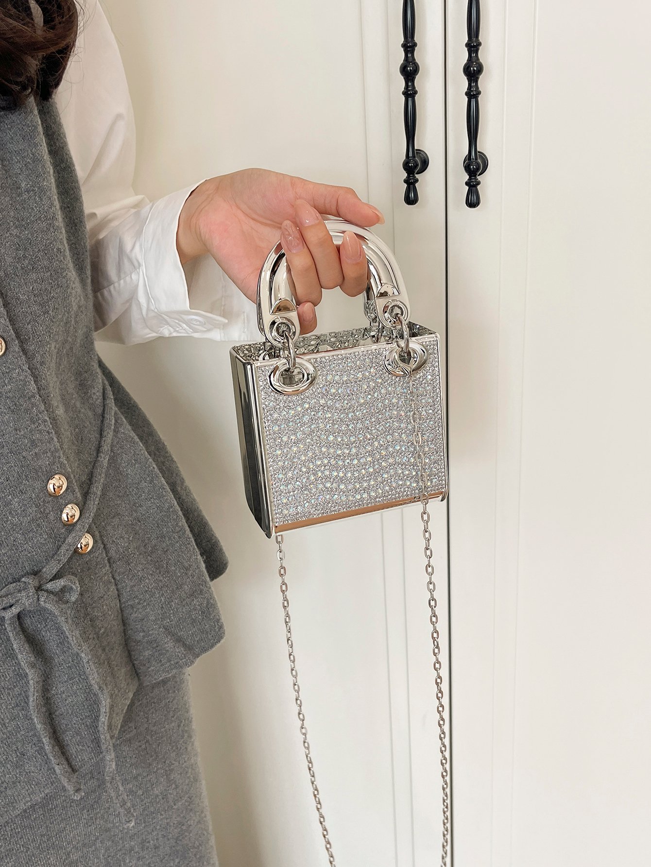 Silver Texture Handbag with Push Lock