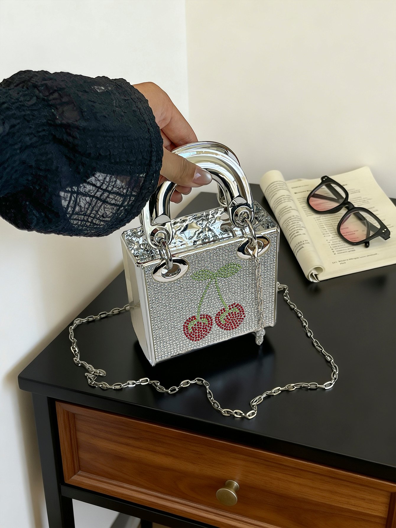 Silver Graphic Handbag with Push Lock