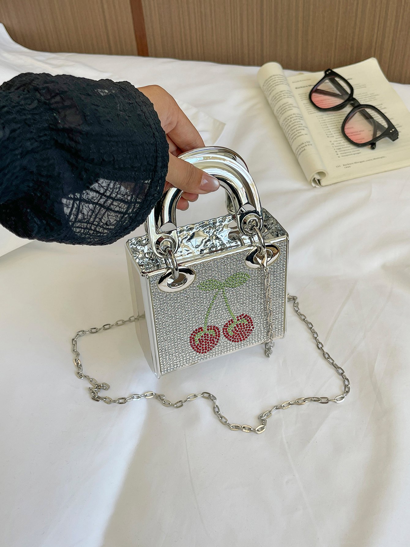 Silver Graphic Handbag with Push Lock
