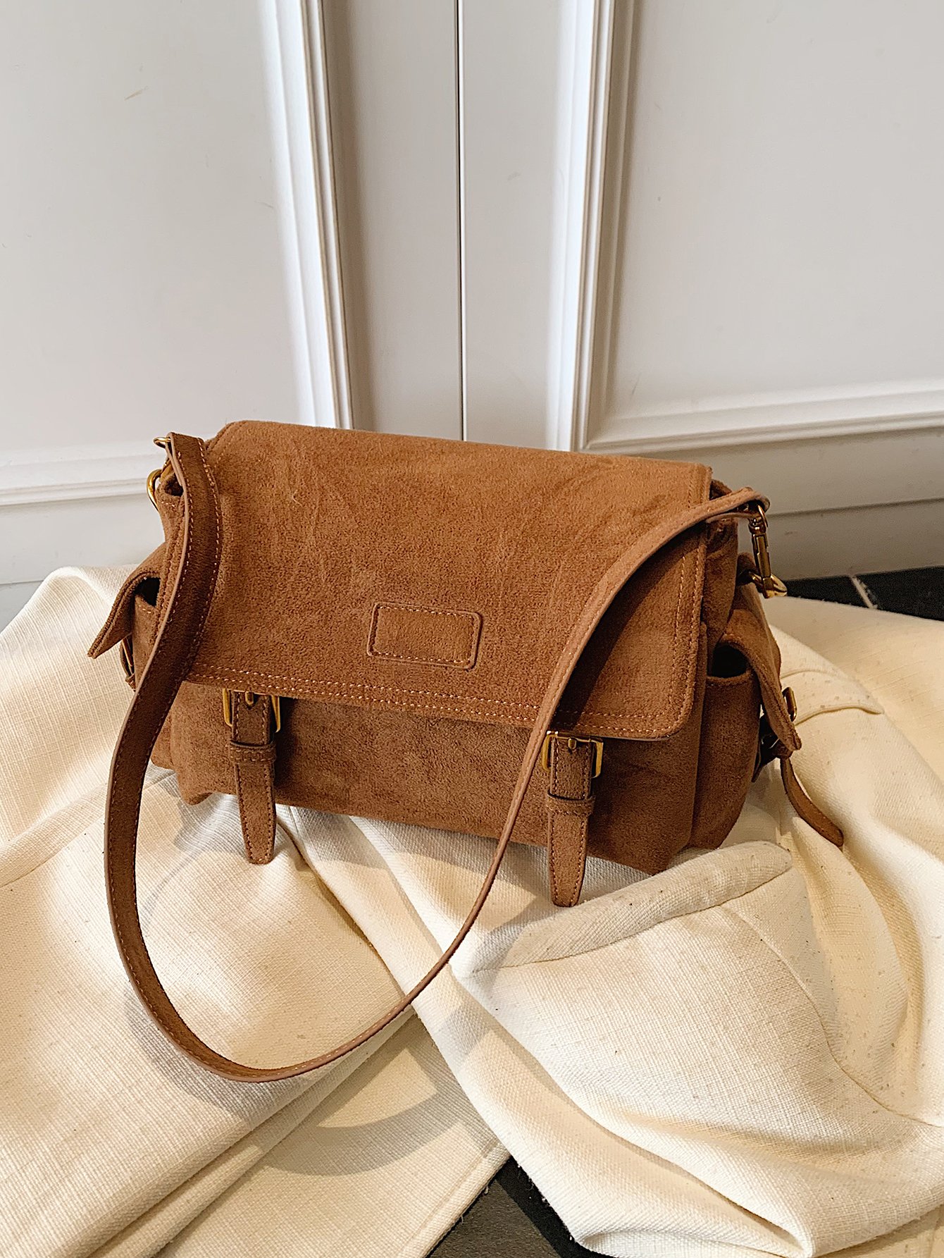 Brown Solid Shoulder Bag with Flap